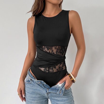 性感辣妹女装欧美蕾丝拼接无袖修身显瘦连体衣women's jumpsuit