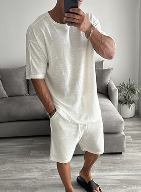 欧美春款男士圆领运动套装纯色恤休闲短裤两件套男