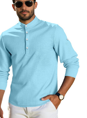 夏季男士中袖衫休闲宽松立领纽扣衬衫