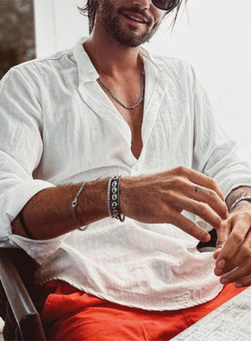 欧美外贸男士休闲2026年立领纯色长袖衬衫衬衣Men's top shirt