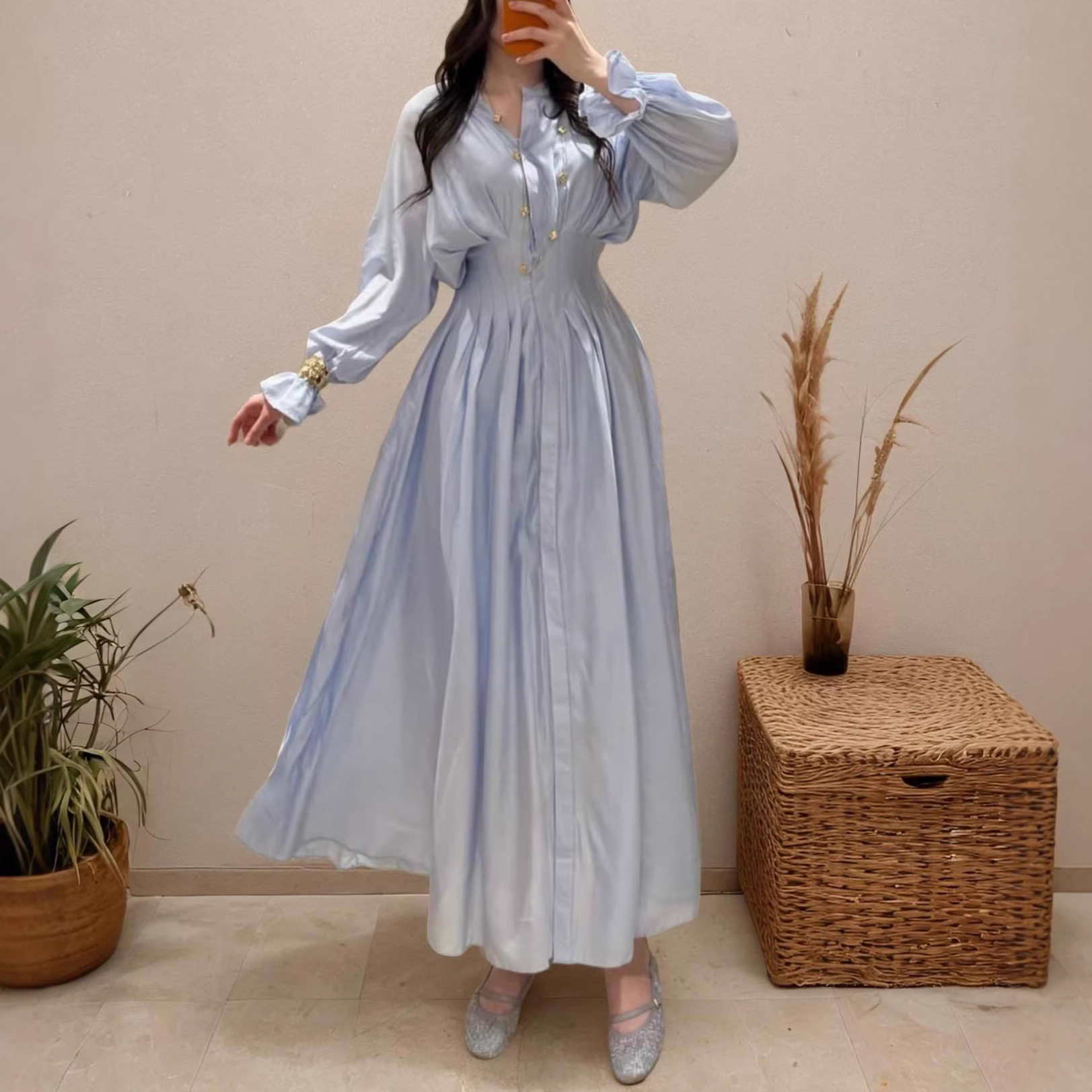 欧美气质女装2026夏季新款收腰褶皱喇叭袖衬衫连衣裙
