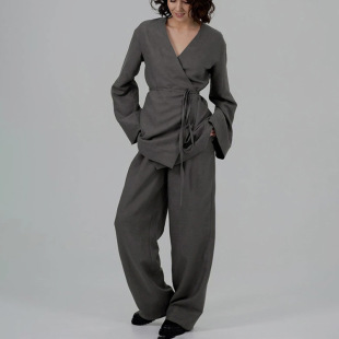 欧美春秋V领交叉系带喇叭袖上衣高腰阔腿裤套装Women casual suit