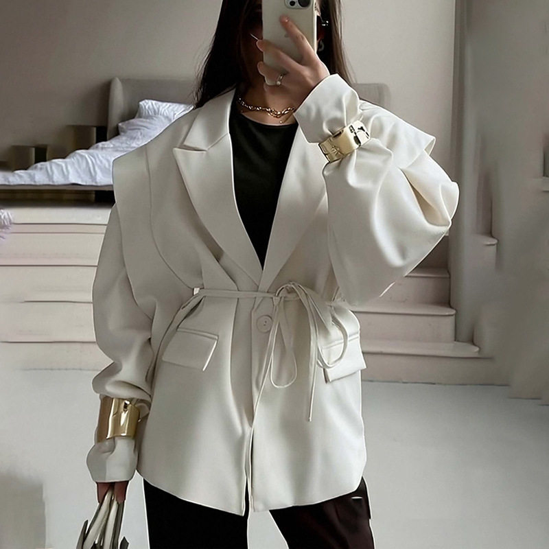法式秋冬翻领系带收腰女款夹克图片