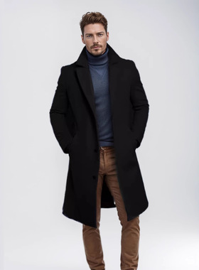 欧美毛呢外套男中长款单排扣保暖青年大衣Coat, outerwear, male