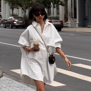 欧美宽松慵懒风竖条纹纽扣翻领衬衫中长款女士衬衣women's blouse