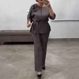 西服职业装气质白领套装欧美豹纹拼接系带上衣长裤花朵两件套女装