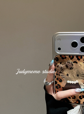 ins高级感豹纹kt猫可爱蝴蝶结苹果16pro手机壳适用iPhone17promax防摔滴胶银边15promax小众14少女