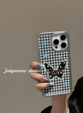 韩系ins简约灰色格子蝴蝶镜面苹果16pro手机壳适用iPhone15promax全包防摔14少女13pro新款16