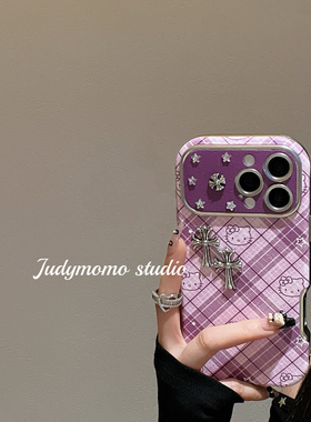 甜酷ins格纹紫色十字架贴皮软壳适用iPhone17手机壳16promax苹果15新款17防摔全包14pro气质女