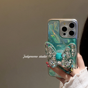 手机壳iPhone14promax全包防摔13少女12 ins高级感湖绿水波纹闪钻蝴蝶绿支架适用苹果15pro新款