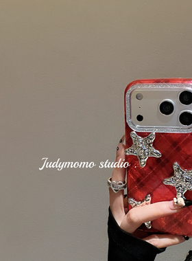 韩式ins红色格纹亮银色星星立体适用17promax手机壳16苹果新款17防摔套iPhone15少女气质144