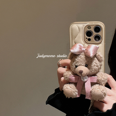 苹果15心动粉蝴蝶结小熊毛绒立体