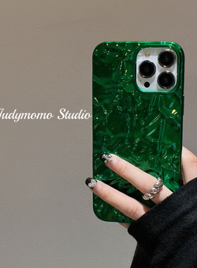 简约高级感绿色褶皱适用iPhone13pro手机壳12苹果11新款xr女x防摔