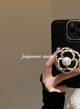 ins气质黑小香山茶花支架适用iPhone15手机壳16promax苹果12/13硅胶11黑色皮纹软壳