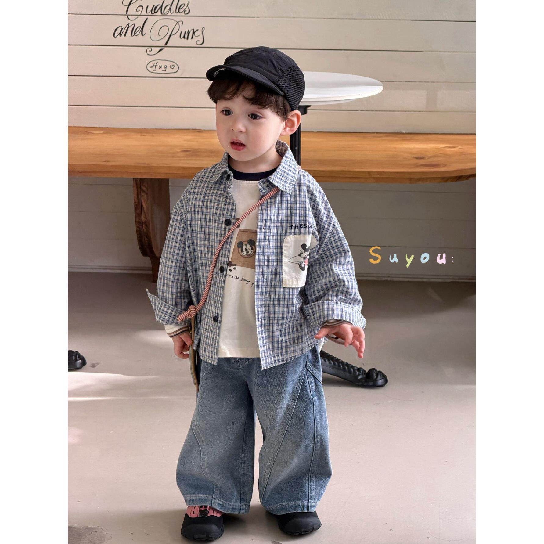 童装2026春季新款男童小童韩版米奇格子衬衫条纹T恤洋气牛仔裤