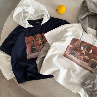 辰妈2026夏儿童薄款卫衣男女童韩版假两件印花连帽T宝宝休闲上衣