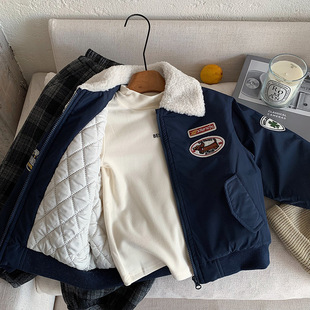 2025秋冬儿童夹棉外套男童韩版 羊羔绒刺绣夹克棉服宝宝小童棒球服