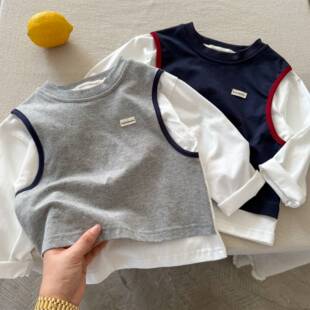 2025春秋新款儿童长袖T恤男女童假两件打底衫纯棉宝宝上衣背心