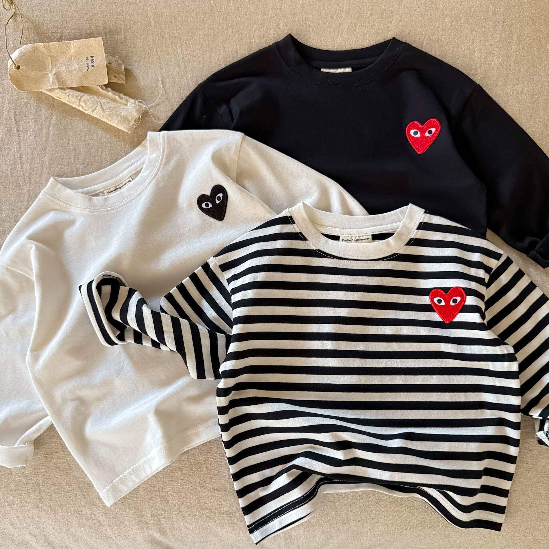 2026春儿童长袖T恤男童日系潮牌条纹T宝宝小童洋气纯棉爱心打底衫