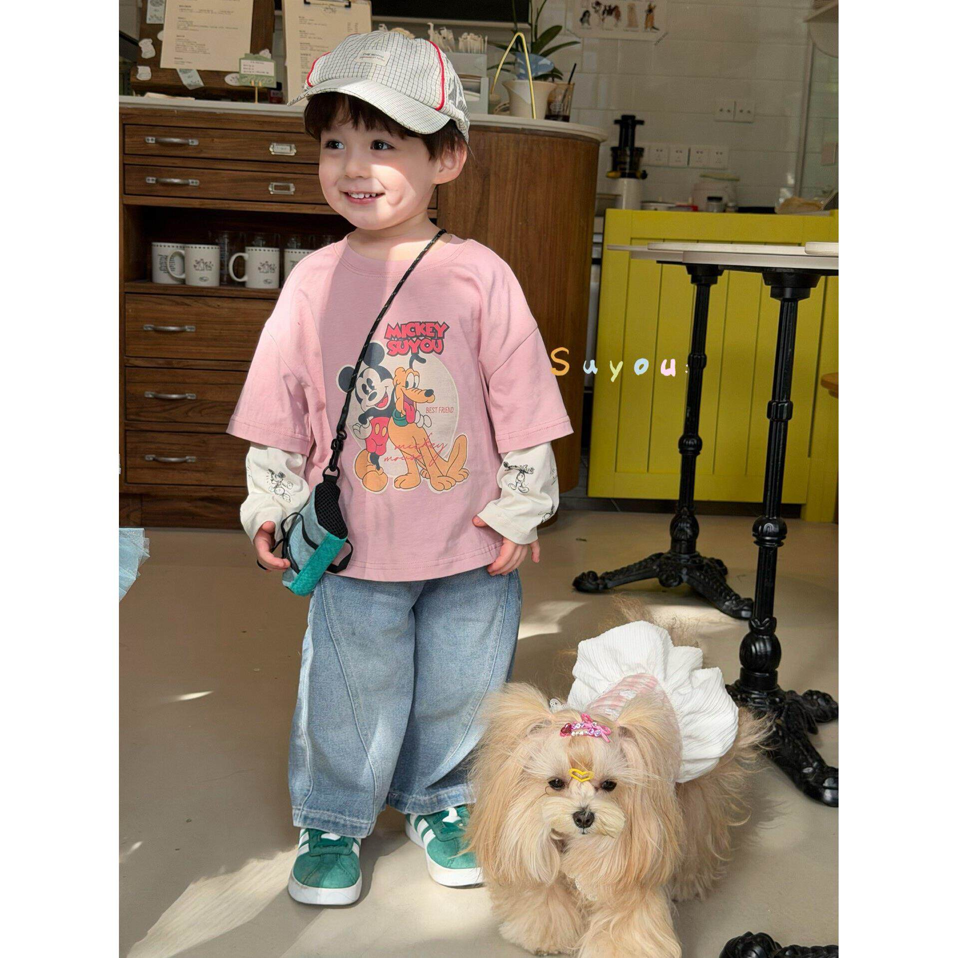 2026春季新款儿童假两件T恤男童小童韩版米奇柔软直筒休闲牛仔裤