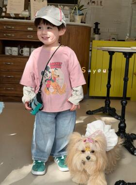 2026春季新款儿童假两件T恤男童小童韩版米奇柔软直筒休闲牛仔裤