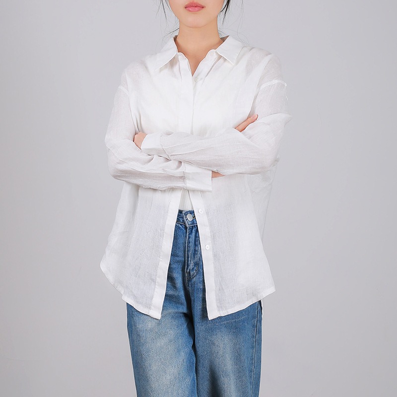 2025新款夏雨露亚麻简约长袖白色衬衫女休闲开衫上衣百搭宽松时尚