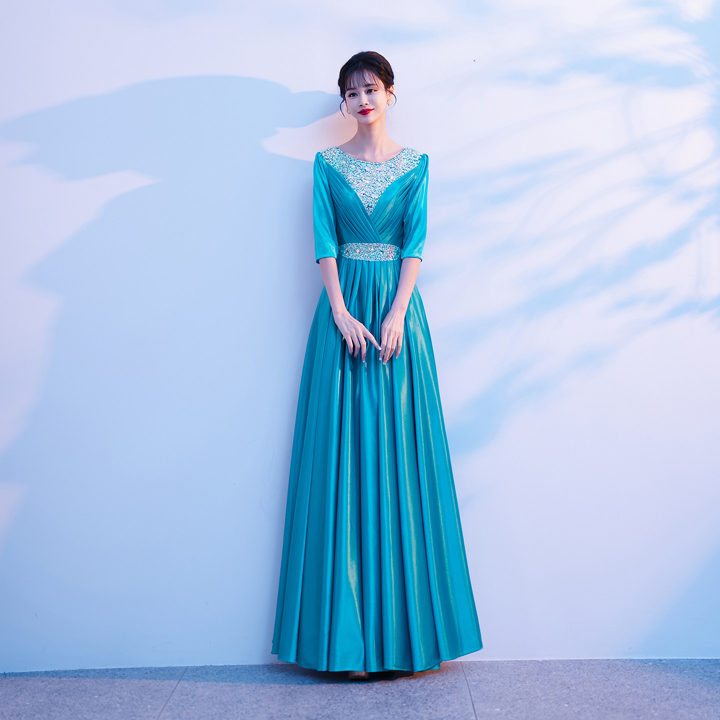 大合唱演出服女长裙蓝色优雅气质2026新款中老年领唱比赛高级感