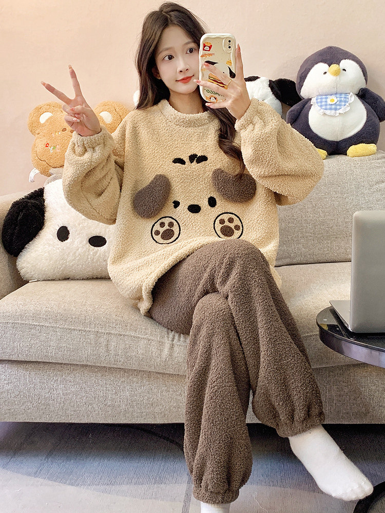 珊瑚绒睡衣秋冬款女加厚长袖卡通可爱半边绒冬天可外穿家居服套装