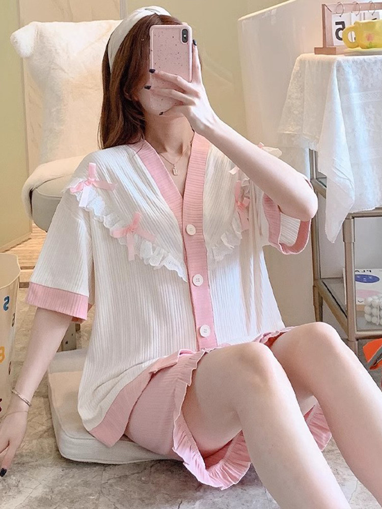 여름 소녀들을 위한 잠옷 귀엽고 달콤한 고급 집 밖에서 입을 수 있는 옷 소녀 여름 반팔 가디건 투피스 세트