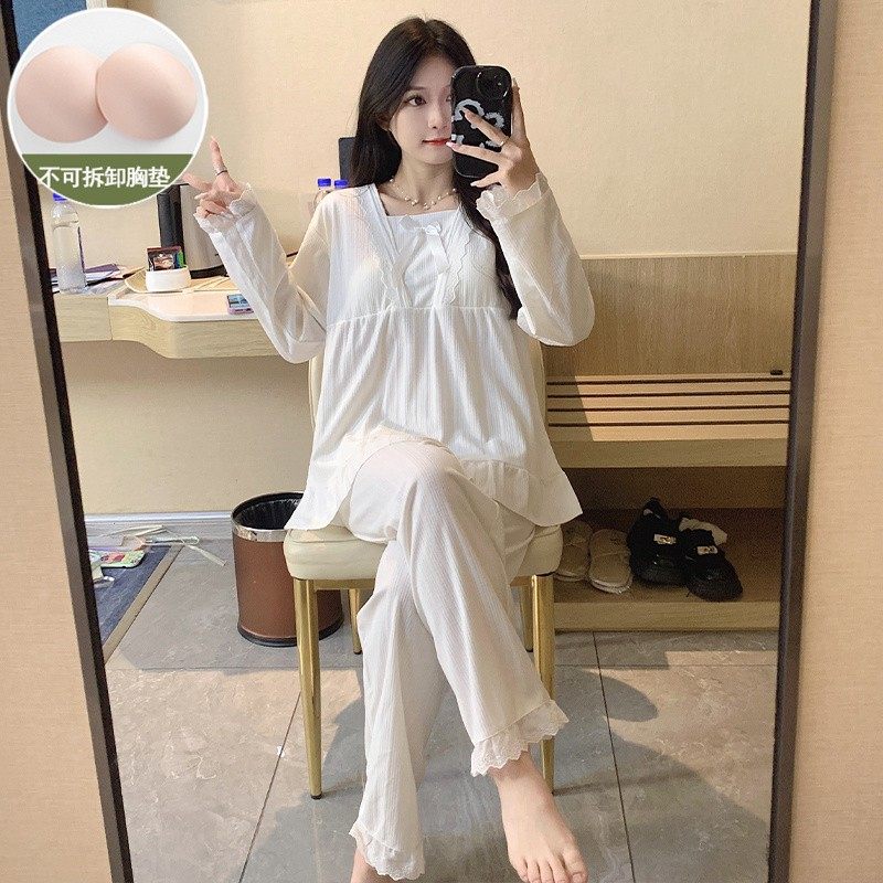 睡衣女款夏季带胸垫长袖长裤套装冬天蕾丝宽松女士家居服春秋薄款