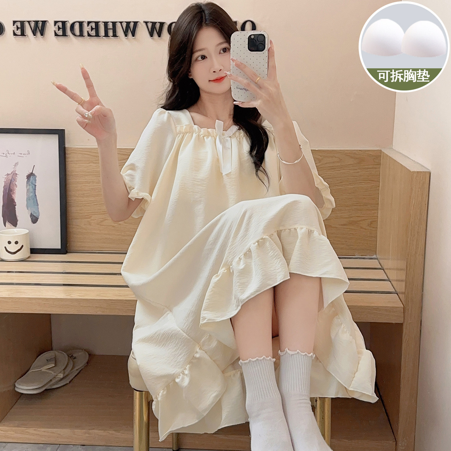 带胸垫睡裙女款2026新款夏季薄款公主风蝴蝶结短袖裙子睡衣家居服
