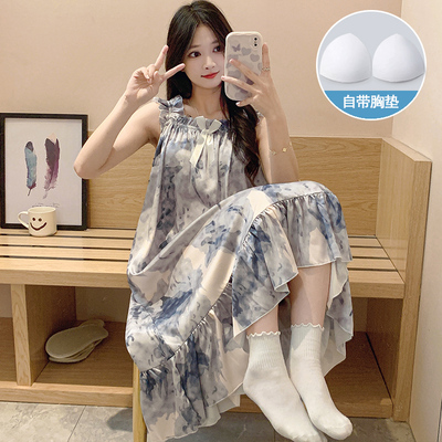 吊带睡裙女冰丝绸夏季薄款带胸垫睡衣女士夏天水墨画 画高级感家