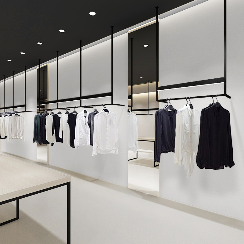 男装店吊杆挂架带灯服装吊架上墙展示架黑色悬挂陈列架铁艺可定制