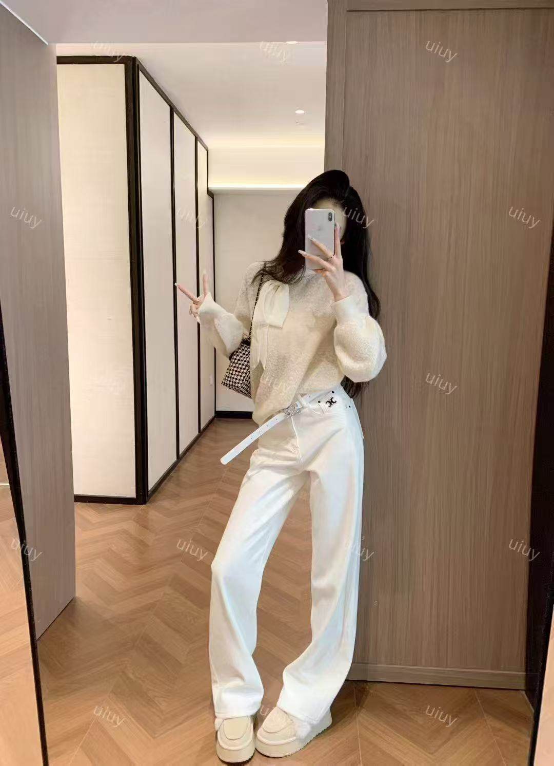 2025秋冬新款时尚气质百搭米白色牛仔裤女宽松高腰显瘦设计感阔腿