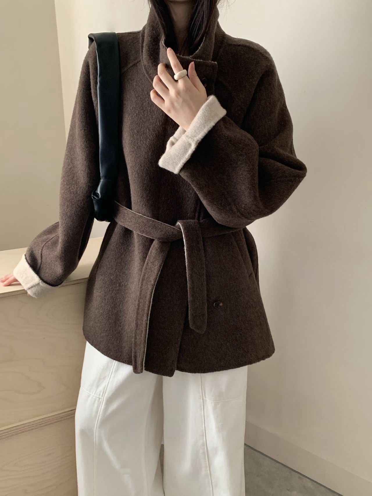 冬季双面羊毛大衣立领系带加厚小个子中长款双面双色腰带羊绒潮