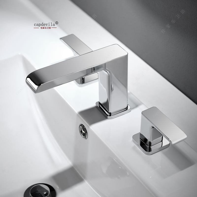 全铜洗面盆龙头 方形三孔双把冷热水台盆龙头铬色