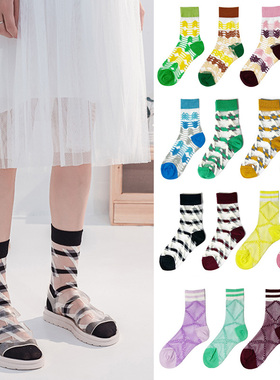 清仓新欧美潮ins波西米亚风条纹玻璃丝轻薄透气时尚女士中筒丝袜