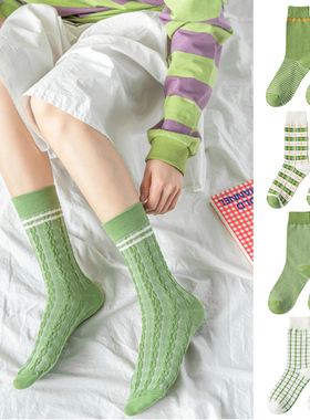 新品牛油果绿色格子条纹韩版潮袜ins网红袜百搭女士中筒棉袜