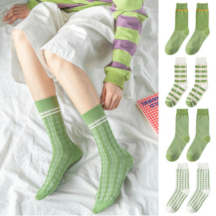 新品 潮袜ins网红袜百搭女士中筒棉袜 牛油果绿色格子条纹韩版