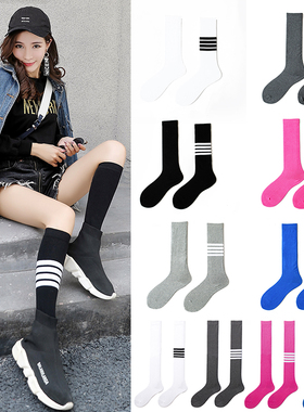 新四道杠日系韩版网红ins潮流纯色不对称女士及过膝长筒大小腿袜