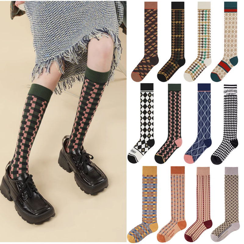 新品原创手工缝头英伦风菱形方格棉学院风女士中筒长筒及膝小腿袜,女士内衣/男士内衣/家居服,长筒袜,淘宝优惠券,粉丝福利购,淘宝优惠卷