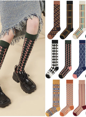 新品原创手工缝头英伦风菱形方格棉学院风女士中筒长筒及膝小腿袜