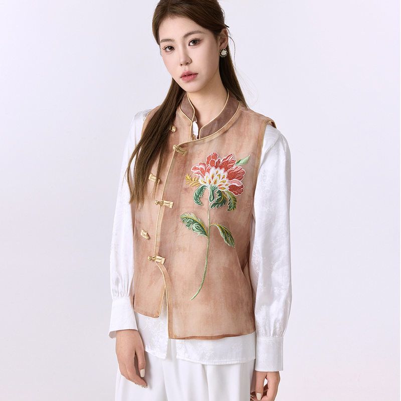 新中式时尚夏季外穿开衫欧根纱马甲刺绣立领无袖女高级感外套上衣