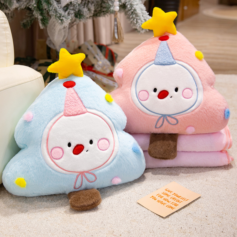 可爱圣诞树毛绒玩具公仔卡通星星雪人少女心保暖毛毯办公室午睡毯