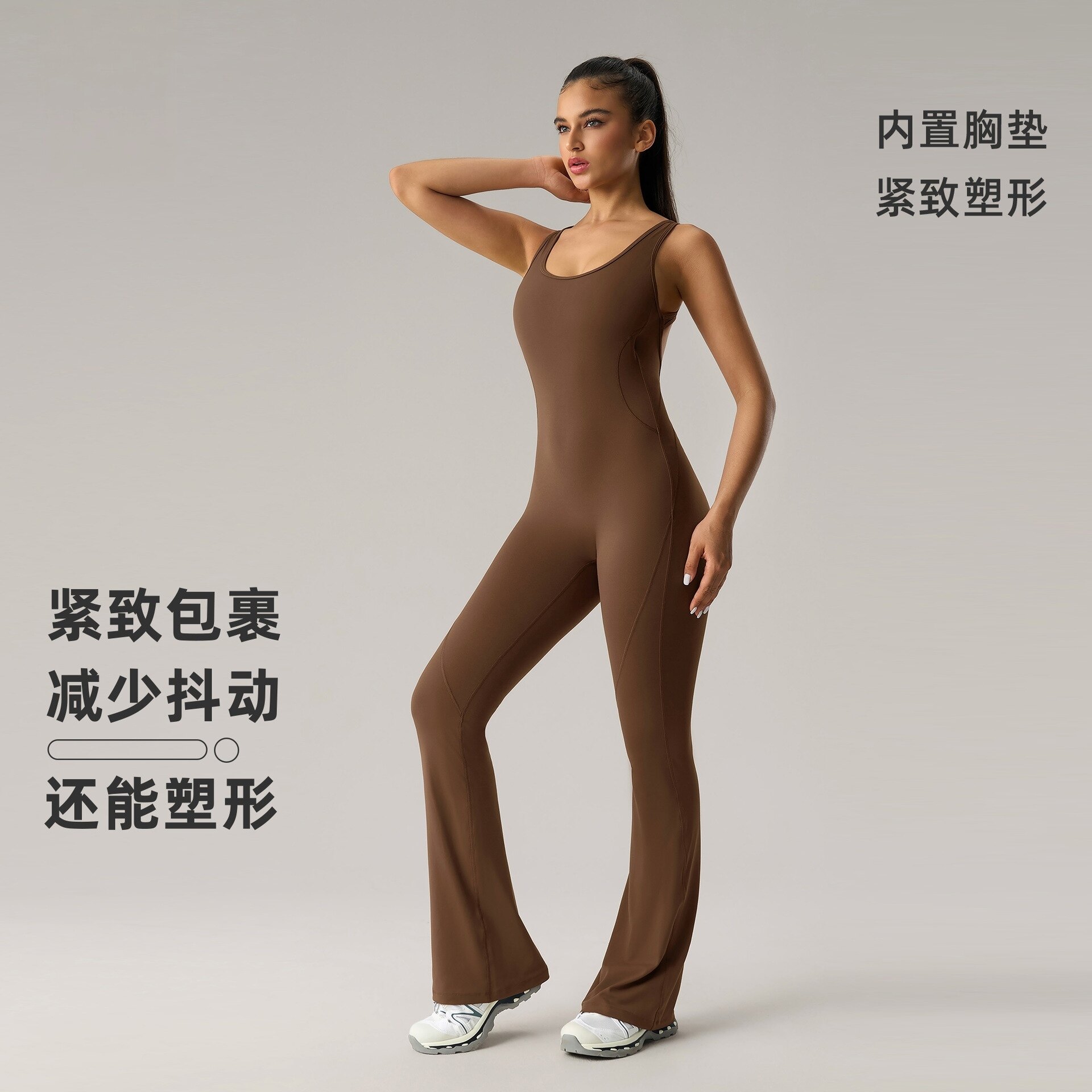 新款欧美提臀显瘦连体瑜伽服带胸垫微喇弹力运动健身连体服DLT006