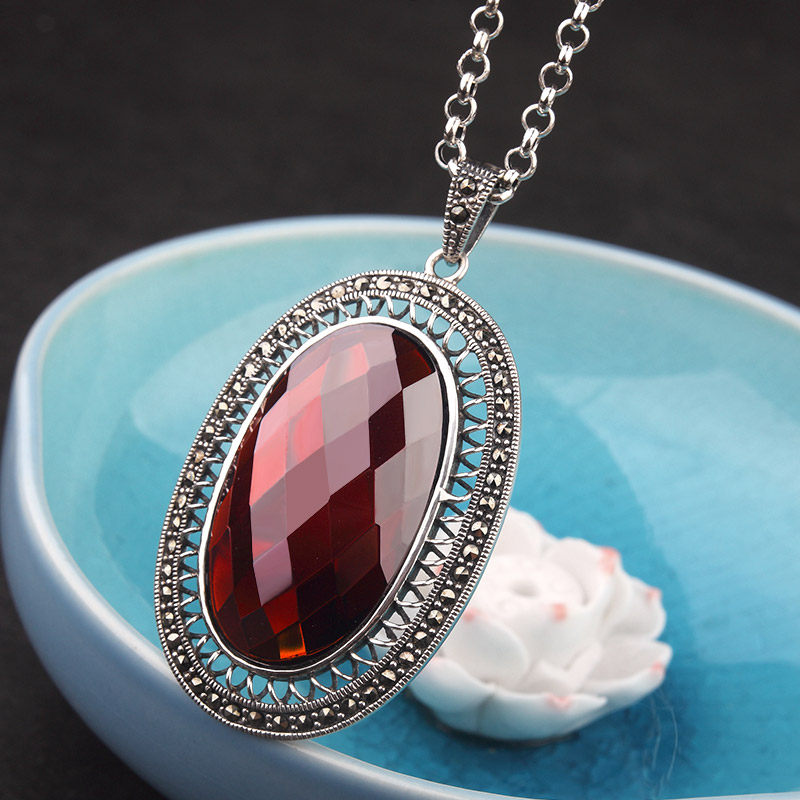 S925纯银复古泰银毛衣链挂件项坠吊坠超大版镶嵌红石榴时尚大方