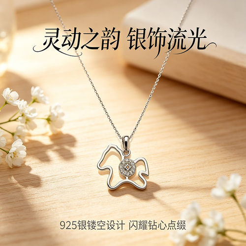 S925纯银铜钱木马马上有钱项链女生轻奢高级感本命年生肖马锁骨链
