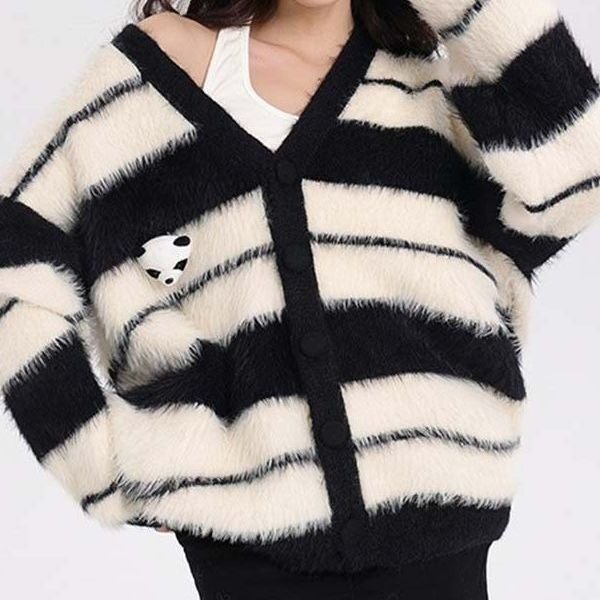 2026秋新款韩版仿貂条纹V领毛衣外套女宽松软糯慵懒风针织开衫