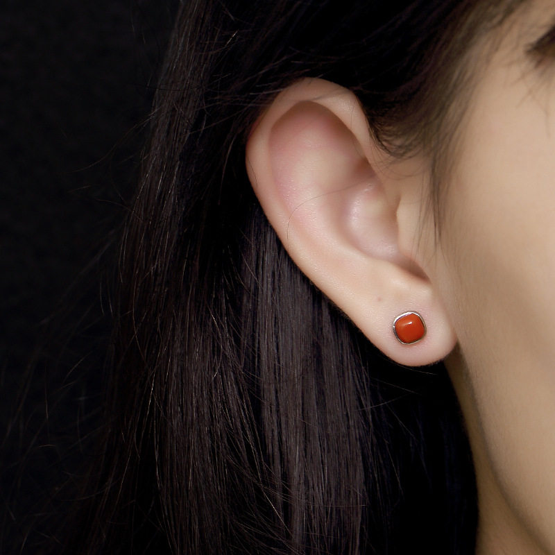 S925纯银方形天然南红玛瑙青金石简约泰银女士耳钉耳环耳坠耳饰