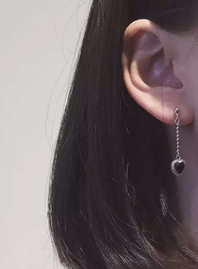 S925纯银潮流时尚少女之心黑玛瑙耳环耳钉耳坠女款心形耳钉耳环